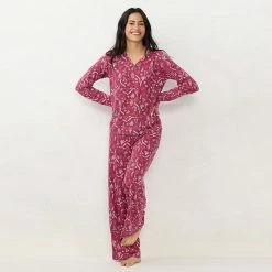 Women's LC Lauren Conrad Long Sleeve Henley Pajama Top & Pajama Pants Sleep Set Wine Forest Ditsy -LC Lauren Conrad Shop unnamed file 1007