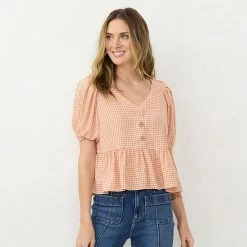 Women's LC Lauren Conrad Cropped Ruffled Button Top Copper Gingham