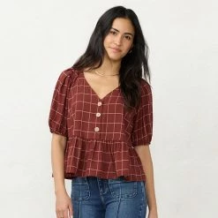 Women's LC Lauren Conrad Cropped Ruffled Button Top Copper Gingham -LC Lauren Conrad Shop unnamed file 1163
