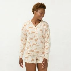 Women's LC Lauren Conrad Long Sleeve Henley Pajama Top & Pajama Shorts Sleep Set Wine Forest Ditsy