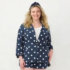 Plus Size LC Lauren Conrad Ruched-Sleeve Shawl Collar Blazer Navy Dots