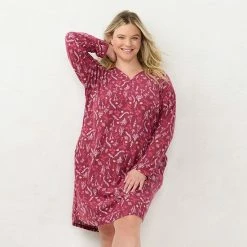 Plus Size LC Lauren Conrad Long Sleeve Henley Sleepshirt Wine Forest Ditsy