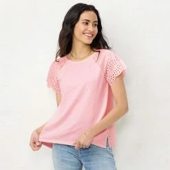 Petite LC Lauren Conrad Eyelet Flutter-Sleeve Top Wine Chalet