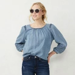 Women's LC Lauren Conrad Flowy Puff-Sleeve Top Aqua Gingham -LC Lauren Conrad Shop unnamed file 195