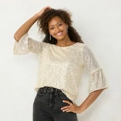 Women's LC Lauren Conrad Sequin Balloon-Sleeve Top Relaxed Peach Sequin