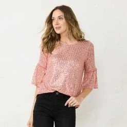 Women's LC Lauren Conrad Sequin Balloon-Sleeve Top Relaxed Peach Sequin -LC Lauren Conrad Shop unnamed file 215