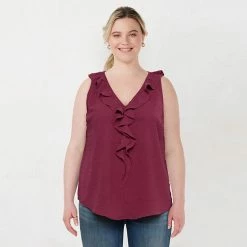 Plus Size LC Lauren Conrad Clip-Dot Ruffle Tank Dull Black