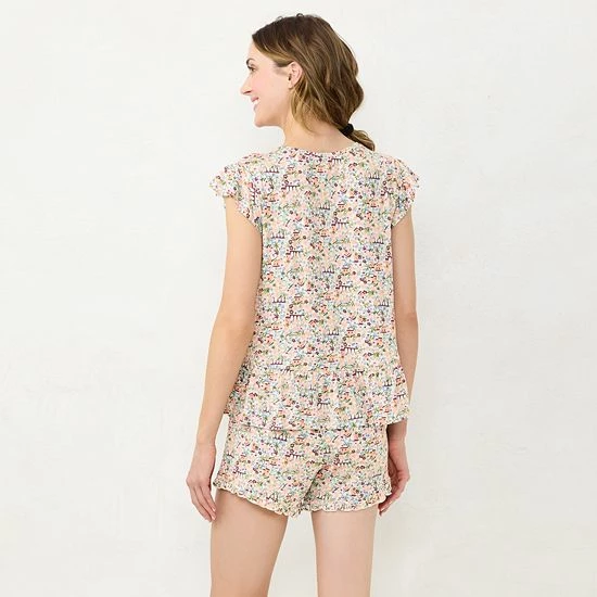 Women's LC Lauren Conrad Flutter Short Sleeve Pajama Top & Ruffle Pajama Shorts Sleep Set Ivory Scene 2 Women's LC Lauren Conrad Flutter Short Sleeve Pajama Top & Ruffle Pajama Shorts Sleep Set Ivory Scene - Image 2