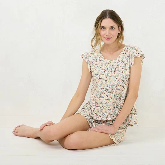 Women's LC Lauren Conrad Flutter Short Sleeve Pajama Top & Ruffle Pajama Shorts Sleep Set Ivory Scene 3 Women's LC Lauren Conrad Flutter Short Sleeve Pajama Top & Ruffle Pajama Shorts Sleep Set Ivory Scene - Image 3