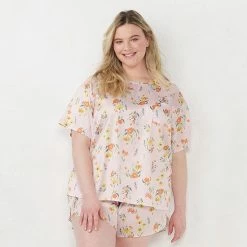 Plus Size LC Lauren Conrad Satin Pajama Top & Pajama Shorts Sleep Set Pink Wildflower