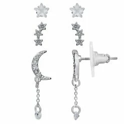 LC Lauren Conrad Silver Tone Moon & Stars Stud & Drop Earring Trio