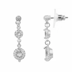 LC Lauren Conrad Cubic Zirconia Nickel Free Tri-Stone Round Drop Earrings Silver Tone