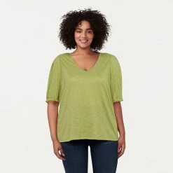 Plus Size LC Lauren Conrad V-Neck Puff Sleeve Top Vintage Olive