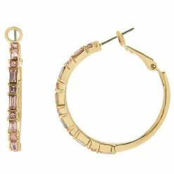 LC Lauren Conrad Gold Tone Baguette & Round Pink Crystal Large Hoop Earrings