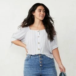Plus Size LC Lauren Conrad Button Front Puff Sleeve Top Blue Stripe