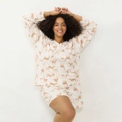 Plus Size LC Lauren Conrad Long Sleeve Henley Pajama Top & Pajama Shorts Sleep Set Pink Winter Houses