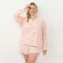 Plus Size LC Lauren Conrad Long Sleeve Henley Pajama Top & Pajama Shorts Sleep Set Pink Winter Houses -LC Lauren Conrad Shop unnamed file 2763