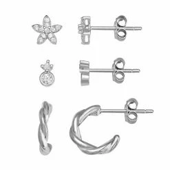 LC Lauren Conrad Sterling Silver Flower, Double Round Stud & Twisted Hoop Earring Set