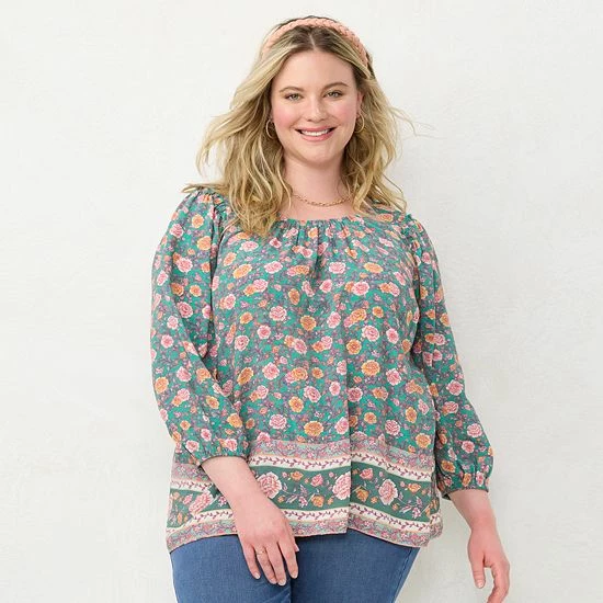 Plus Size LC Lauren Conrad Floral Flowy Puff-Sleeve Popover Top 1 Plus Size LC Lauren Conrad Floral Flowy Puff-Sleeve Popover Top