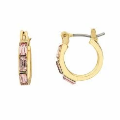 LC Lauren Conrad Crystal Baguette Huggie Earrings Gold Tone Pink