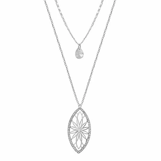 LC Lauren Conrad Silver Tone Two Row Pave Filigree Long Nickel Free Pendant Necklace 1 LC Lauren Conrad Silver Tone Two Row Pave Filigree Long Nickel Free Pendant Necklace