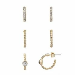 LC Lauren Conrad Gold Tone Pave & Textured Hoop Earring Trio