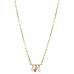 LC Lauren Conrad Gold Tone Bar With Simulated Pearls And Baguette Shaky Pendant Necklace