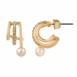 LC Lauren Conrad Gold Tone Pave Three Row Mini Nickel Free Hoop Earrings