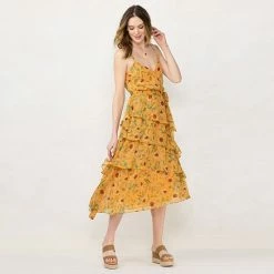 Women's LC Lauren Conrad Strappy Tiered Midi Dress Orange Sunflowers