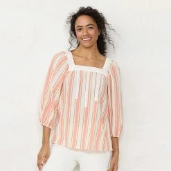 Women's LC Lauren Conrad Square Neck Peasant Top Yellow Stripe