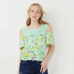 Women's LC Lauren Conrad Print Lace Yoke Cold-Shoulder Top Yellow Daisy