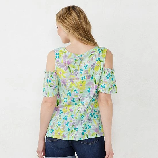Women's LC Lauren Conrad Print Lace Yoke Cold-Shoulder Top Yellow Daisy 2 Women's LC Lauren Conrad Print Lace Yoke Cold-Shoulder Top Yellow Daisy - Image 2