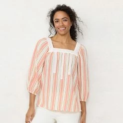 Petite LC Lauren Conrad Square Neck Peasant Top Yellow Stripe