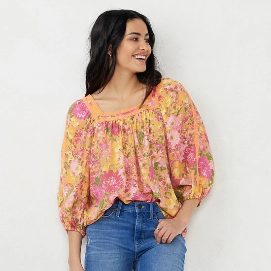 Petite LC Lauren Conrad Squareneck Lace Trim Peasant Top Hello Sunny 3 Petite LC Lauren Conrad Squareneck Lace Trim Peasant Top Hello Sunny - Image 3