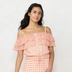 Women's LC Lauren Conrad Button-Front Off-The-Shoulder Top Chambray Gingham -LC Lauren Conrad Shop unnamed file 4310