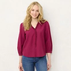 Women's LC Lauren Conrad Ruffled Fitted Blouse Wine Chalet