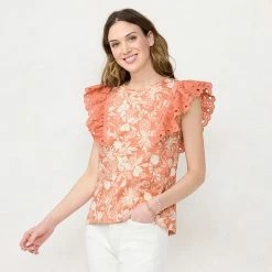 Petite LC Lauren Conrad Eyelet Ruffle Top Fruit Salad Pink