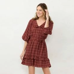 Women's LC Lauren Conrad Ruffle Chiffon Shirt Dress Wine Plaid