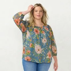 Plus Size LC Lauren Conrad Three Quarter Sleeve Flowy Top Multi Bouquet -LC Lauren Conrad Shop unnamed file 814