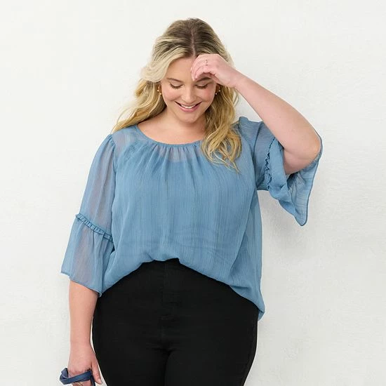 Plus Size LC Lauren Conrad Bell-Sleeve Peasant Top Rendez Blue 3 Plus Size LC Lauren Conrad Bell-Sleeve Peasant Top Rendez Blue - Image 3