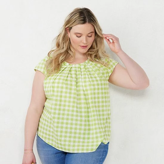 Plus Size LC Lauren Conrad Pleated Flowy Cap-Sleeve Top Green Gingham 8 Plus Size LC Lauren Conrad Pleated Flowy Cap-Sleeve Top Green Gingham - Image 8